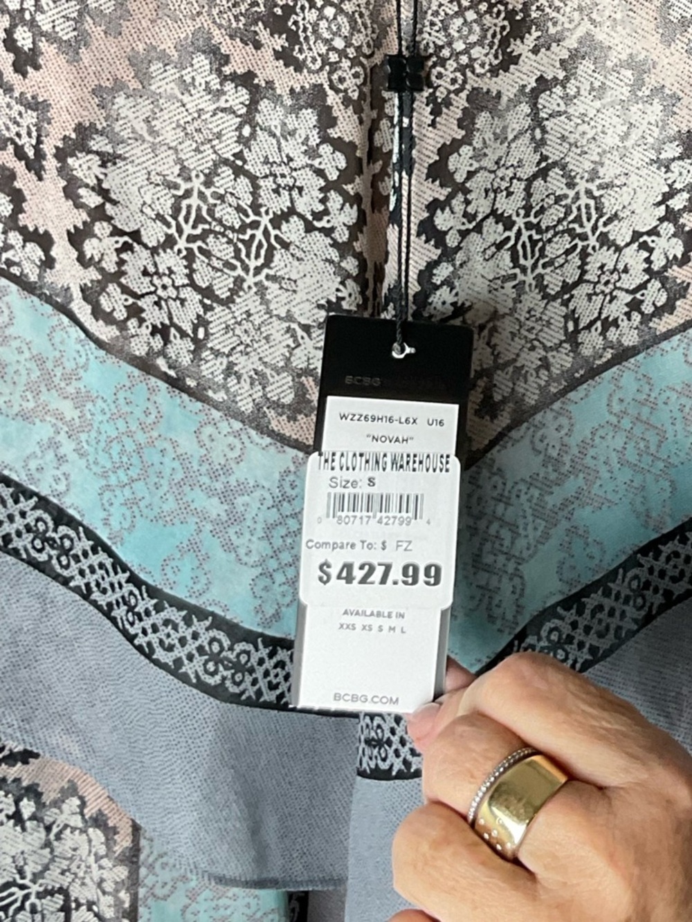 BCBGMaxAzria NWT Nova Blue Print Silk Asymmetrical Handkerchief Dress Sz S Boho - Picture 6 of 8